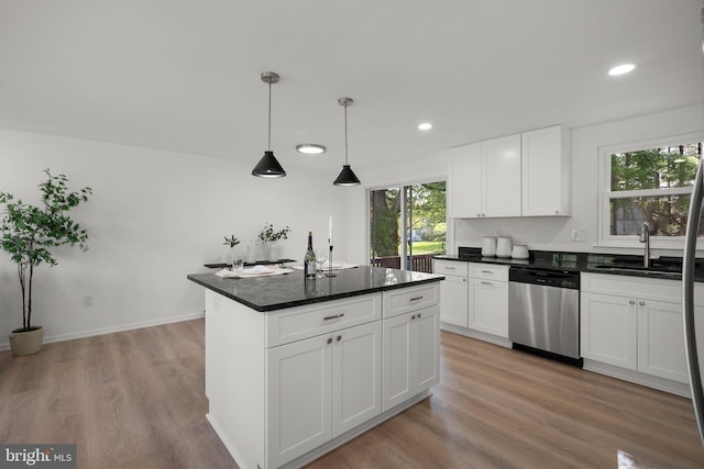 3604 Ripplingbrook Ct, Bowie, MD 20721 - kitchen featuring white cabinets, a sink, dishwasher, light wood-style flooring, and recessed lighting