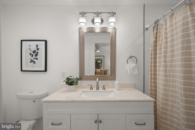 full bathroom with vanity, a shower with shower curtain, and toilet