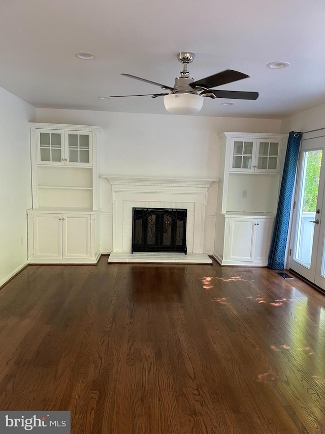 5849 Colfax Ave, Alexandria, VA 22311 - unfurnished living room with ceiling fan, a glass covered fireplace, dark wood-style flooring, french doors, and recessed lighting