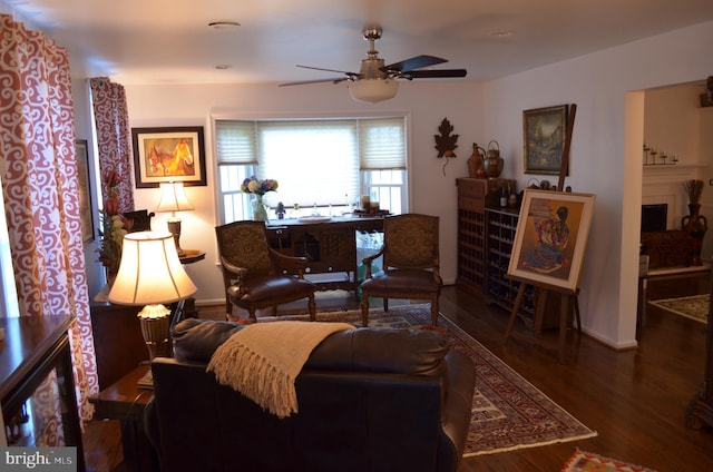 5849 Colfax Ave, Alexandria, VA 22311 - living room with a ceiling fan, wood finished floors, baseboards, and a fireplace