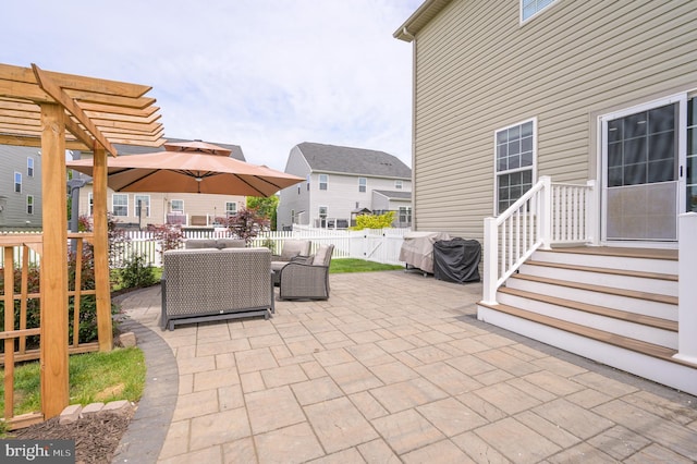 109 Manila Pl, Stephenson, VA 22656 - view of patio with a fenced backyard, a pergola, outdoor dining space, a residential view, and outdoor lounge area