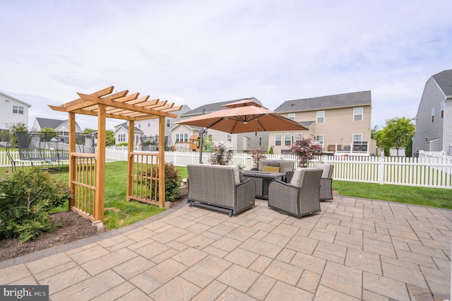 109 Manila Pl, Stephenson, VA 22656 - view of patio / terrace with a trampoline, a pergola, a residential view, and outdoor dining space