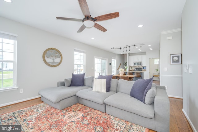 109 Manila Pl, Stephenson, VA 22656 - living room featuring light wood-style flooring, a ceiling fan, baseboards, and recessed lighting