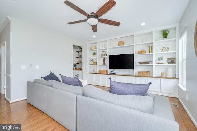 109 Manila Pl, Stephenson, VA 22656 - living room with light wood-type flooring, a ceiling fan, baseboards, recessed lighting, and built in features