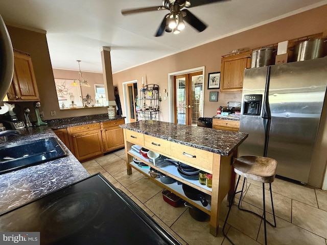 11 Morlatton Rd, Douglassville, PA 19518 - kitchen featuring stainless steel refrigerator with ice dispenser, a sink, light tile patterned flooring, crown molding, and a ceiling fan