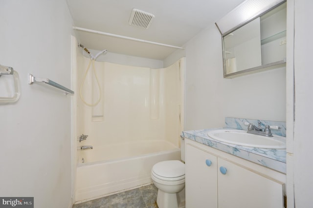 full bathroom featuring vanity, shower / bathing tub combination, toilet, and visible vents
