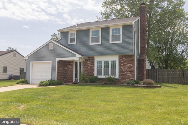 view of front of house featuring fence, brick siding, a garage, a chimney, and concrete driveway