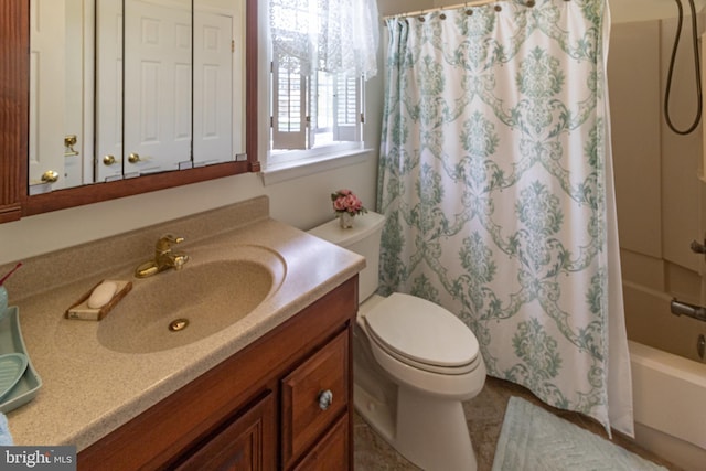 full bathroom with vanity, shower / bathtub combination with curtain, and toilet