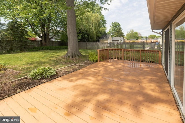 wooden terrace with a lawn and a fenced backyard