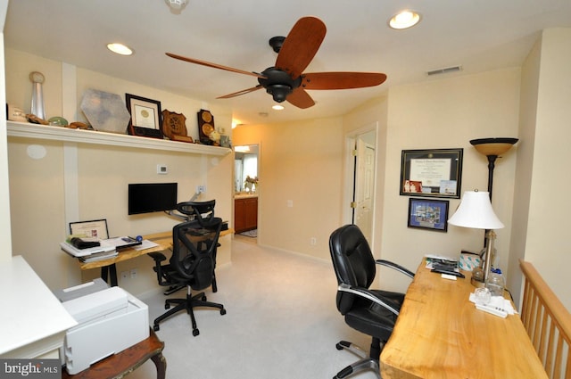 carpeted home office featuring recessed lighting, ceiling fan, and visible vents