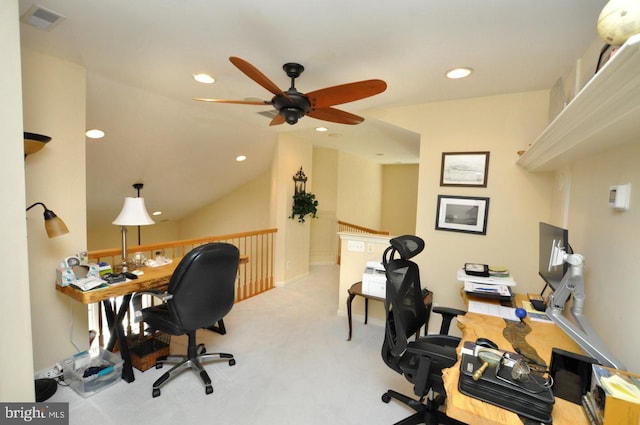 home office featuring ceiling fan, carpet, recessed lighting, lofted ceiling, and visible vents