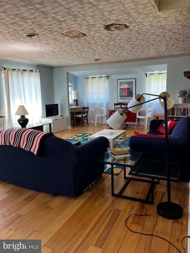 living area with visible vents and wood finished floors