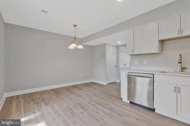 kitchen with stainless steel dishwasher, light wood-type flooring, a sink, baseboards, and light countertops