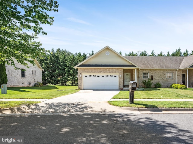 628 Allegheny Cir, Woodstock, VA 22664 - view of front of property with a garage, concrete driveway, a front yard, and brick siding
