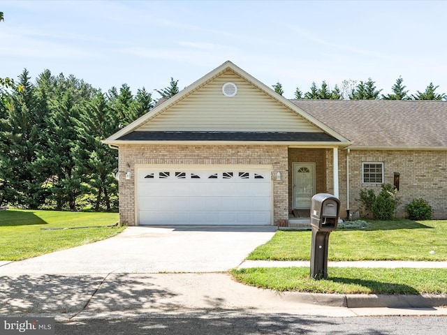 628 Allegheny Cir, Woodstock, VA 22664 - ranch-style house with brick siding, concrete driveway, a garage, and a front yard