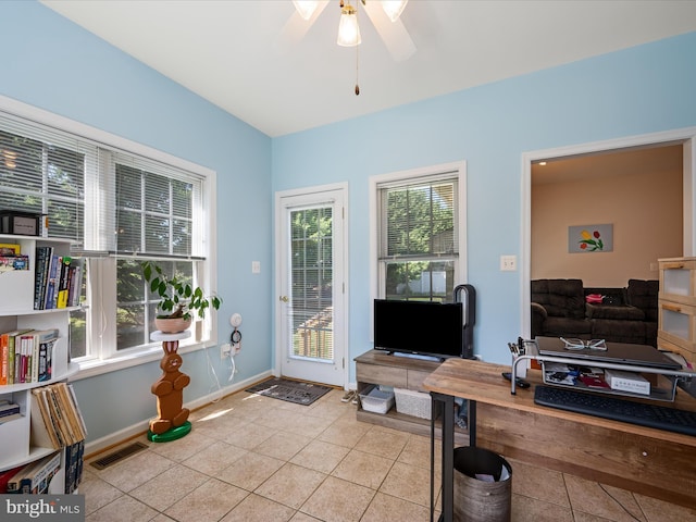 628 Allegheny Cir, Woodstock, VA 22664 - office area featuring tile patterned flooring, plenty of natural light, a ceiling fan, and baseboards