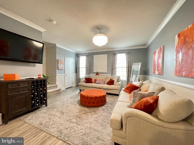 14503 Hunts Farm Rd, Brandywine, MD 20613 - living area featuring ornamental molding, light wood finished floors, and stairs