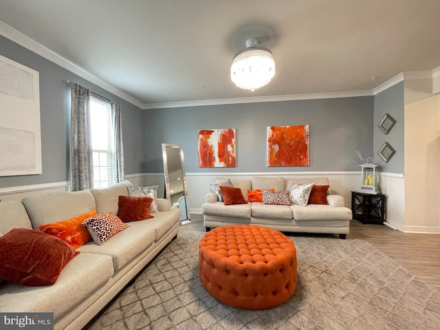 14503 Hunts Farm Rd, Brandywine, MD 20613 - living room with ornamental molding, wood finished floors, and a chandelier
