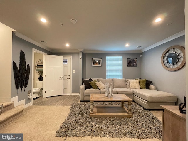 14503 Hunts Farm Rd, Brandywine, MD 20613 - living area with recessed lighting, ornamental molding, and wood finished floors