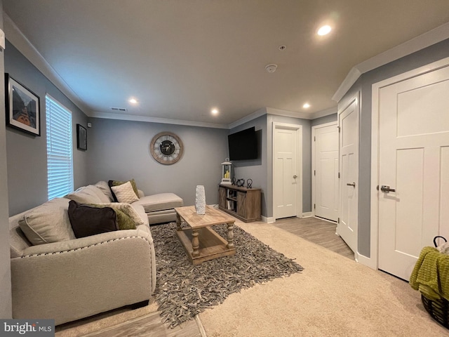 14503 Hunts Farm Rd, Brandywine, MD 20613 - living area featuring crown molding, recessed lighting, and wood finished floors