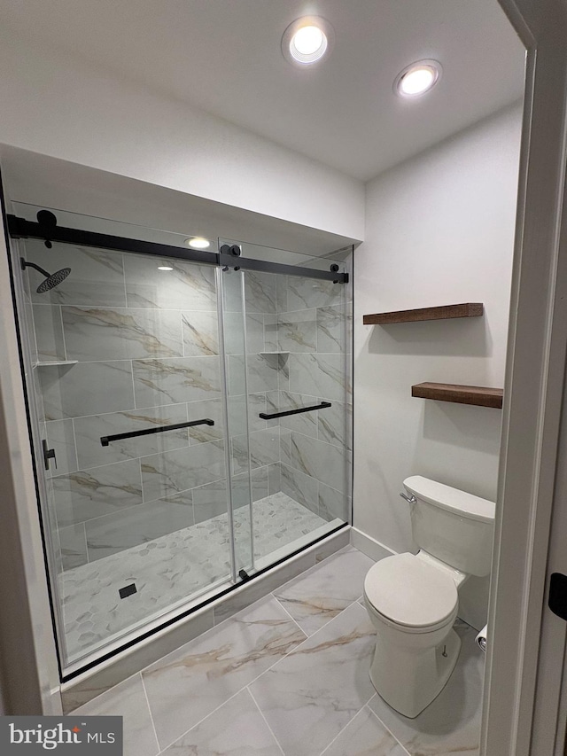 374 Shurs Unit 203, Philadelphia, PA 19128 - bathroom featuring marble finish floors, toilet, recessed lighting, baseboards, and a shower stall