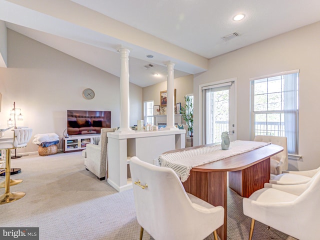1720 Lake Shore Crest Dr Unit 35, Reston, VA 20190 - carpeted dining room featuring visible vents, lofted ceiling, ornate columns, and recessed lighting