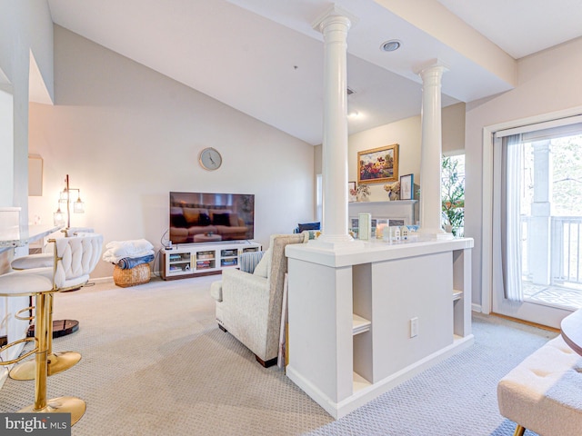 1720 Lake Shore Crest Dr Unit 35, Reston, VA 20190 - carpeted living area featuring baseboards, decorative columns, and vaulted ceiling