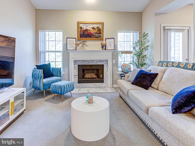 1720 Lake Shore Crest Dr Unit 35, Reston, VA 20190 - living area with a premium fireplace, baseboards, plenty of natural light, and carpet