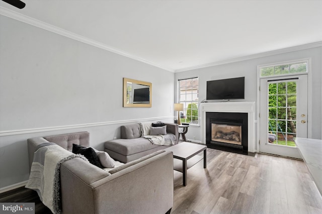 327 Amy Way, Riverton, NJ 08077 - living room with crown molding, a glass covered fireplace, wood finished floors, and baseboards