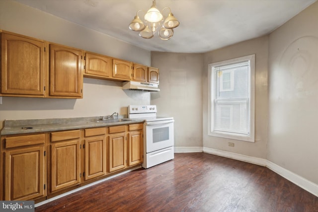 kitchen with white range with electric stovetop, a sink, a chandelier, dark wood finished floors, and under cabinet range hood