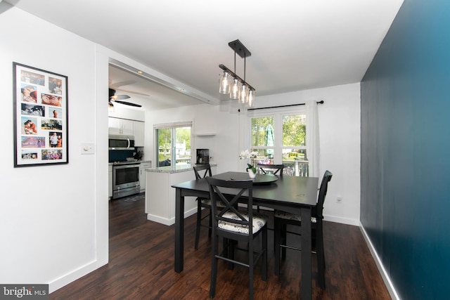 dining room featuring dark wood-style flooring, baseboards, and a ceiling fan