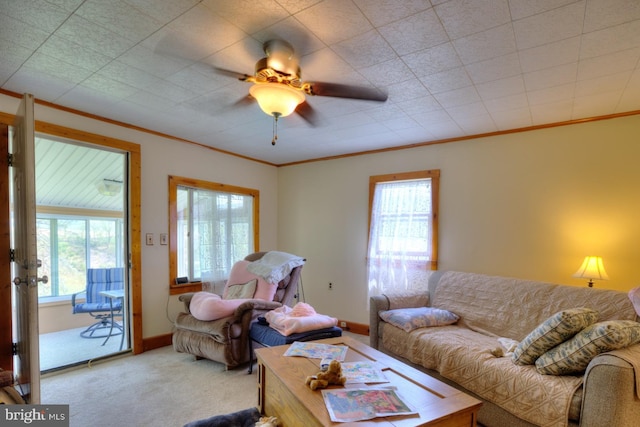 living room featuring carpet floors, a ceiling fan, crown molding, and a wealth of natural light