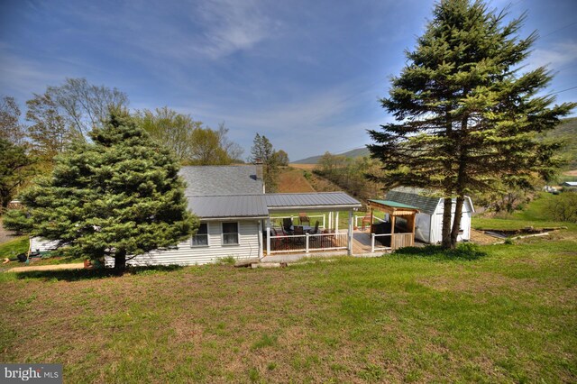 rear view of property with exterior structure, a yard, an outbuilding, and metal roof