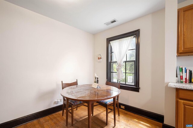 1210 Meriwether St, Charlottesville, VA 22902 - dining area with light wood-style floors, baseboards, and visible vents