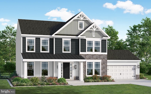 view of front facade with stone siding, a garage, board and batten siding, a standing seam roof, and driveway