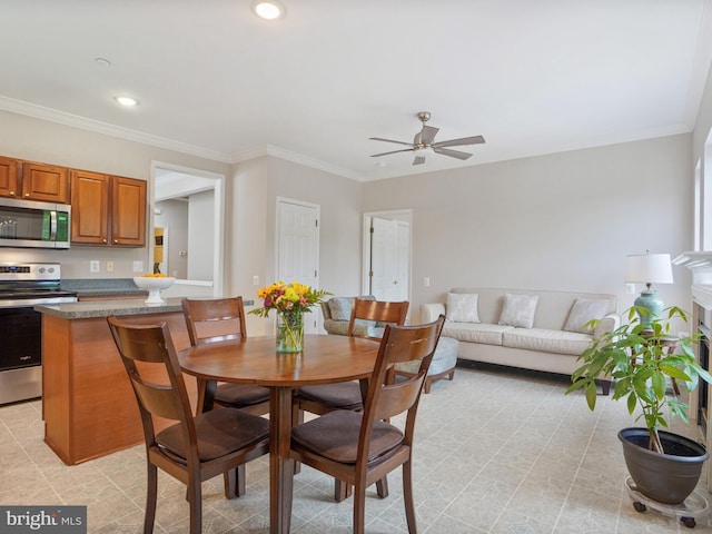 29 Norwood Ln, Fredericksburg, VA 22406 - dining room featuring recessed lighting, ornamental molding, and ceiling fan