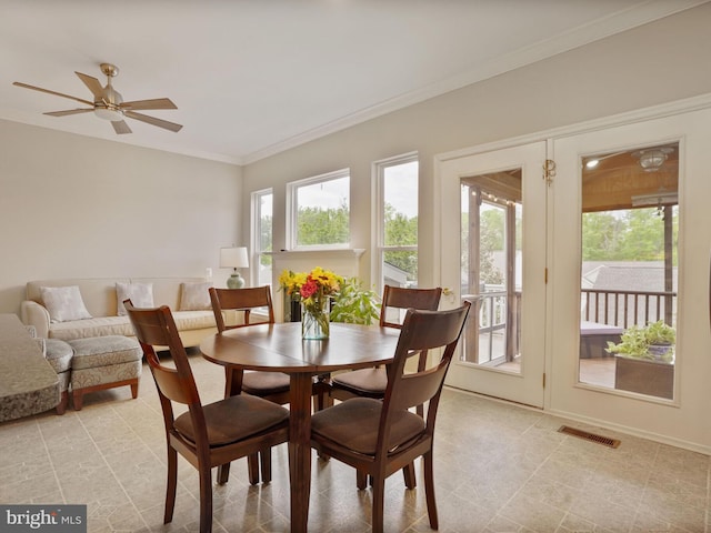 29 Norwood Ln, Fredericksburg, VA 22406 - dining area with a ceiling fan, visible vents, ornamental molding, and light tile patterned floors