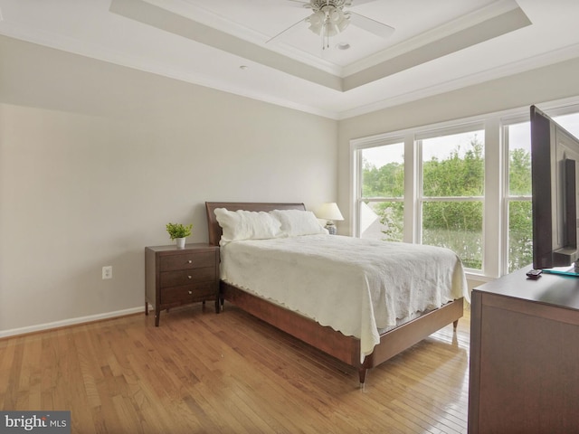 29 Norwood Ln, Fredericksburg, VA 22406 - bedroom with crown molding, baseboards, a tray ceiling, and light wood-type flooring
