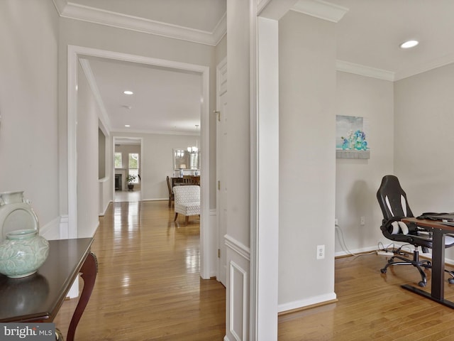 29 Norwood Ln, Fredericksburg, VA 22406 - hallway with crown molding, baseboards, recessed lighting, and wood finished floors