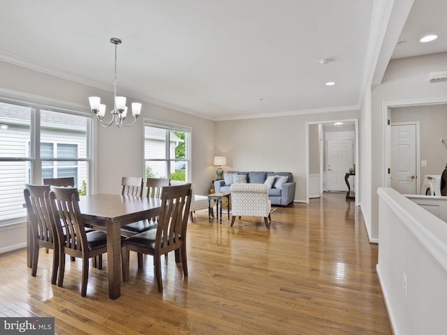 29 Norwood Ln, Fredericksburg, VA 22406 - dining space with wood-type flooring, a chandelier, recessed lighting, baseboards, and ornamental molding