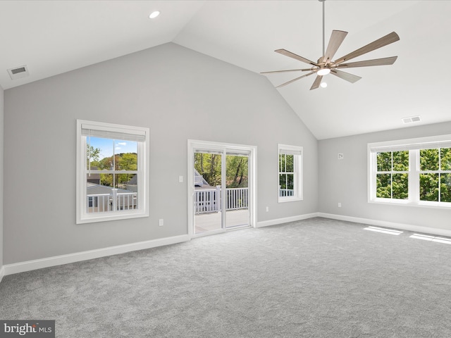 36986 Blue Teal Rd, Selbyville, DE 19975 - carpeted spare room featuring high vaulted ceiling, ceiling fan, baseboards, and visible vents