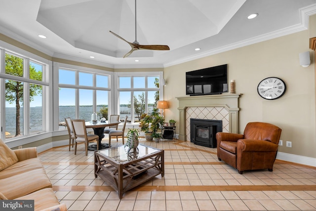 285 Eagle Hill Rd, Pasadena, MD 21122 - living room featuring baseboards, a ceiling fan, light tile patterned floors, and a healthy amount of sunlight