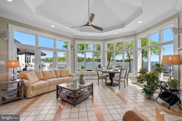 285 Eagle Hill Rd, Pasadena, MD 21122 - sunroom / solarium with crown molding, recessed lighting, a water view, a tray ceiling, and french doors