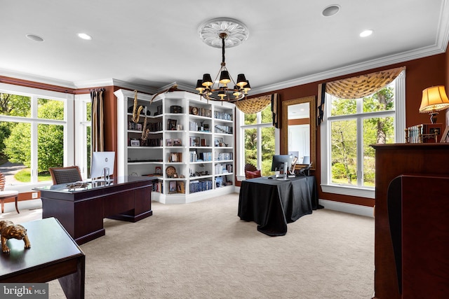 285 Eagle Hill Rd, Pasadena, MD 21122 - carpeted home office featuring crown molding and a notable chandelier