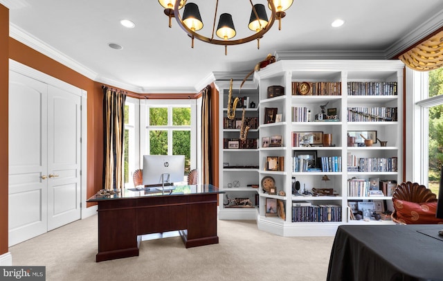 285 Eagle Hill Rd, Pasadena, MD 21122 - office featuring light colored carpet, ornamental molding, a chandelier, and recessed lighting