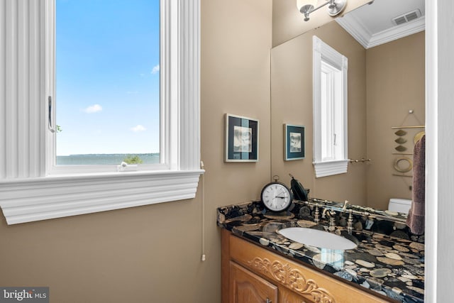285 Eagle Hill Rd, Pasadena, MD 21122 - bathroom featuring vanity, ornamental molding, visible vents, and toilet