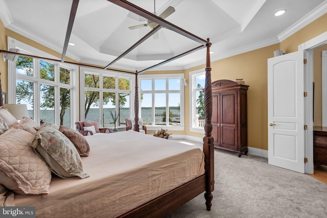 285 Eagle Hill Rd, Pasadena, MD 21122 - bedroom with light carpet, recessed lighting, baseboards, a water view, and ornamental molding