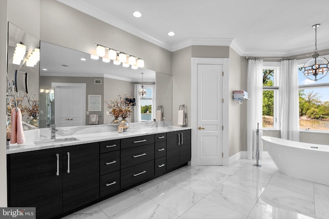 285 Eagle Hill Rd, Pasadena, MD 21122 - bathroom featuring double vanity, a freestanding tub, ornamental molding, recessed lighting, and a sink