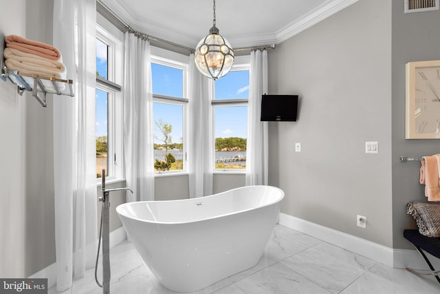 285 Eagle Hill Rd, Pasadena, MD 21122 - full bathroom with crown molding, a chandelier, marble finish floor, baseboards, and visible vents