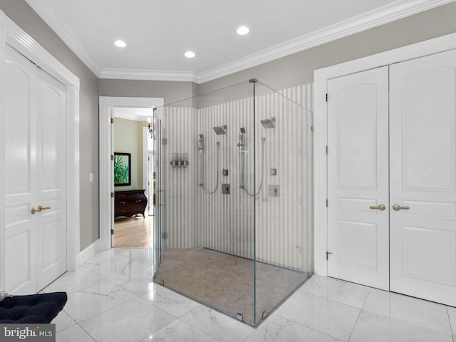 285 Eagle Hill Rd, Pasadena, MD 21122 - bathroom with marble finish floor, recessed lighting, baseboards, a shower stall, and ornamental molding